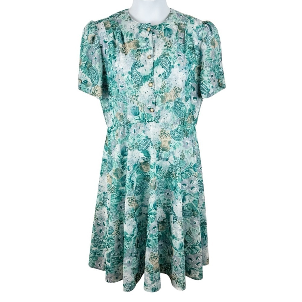 Vintage California Looks Green White Floral Short Sleeve Midi Dress Size 14P